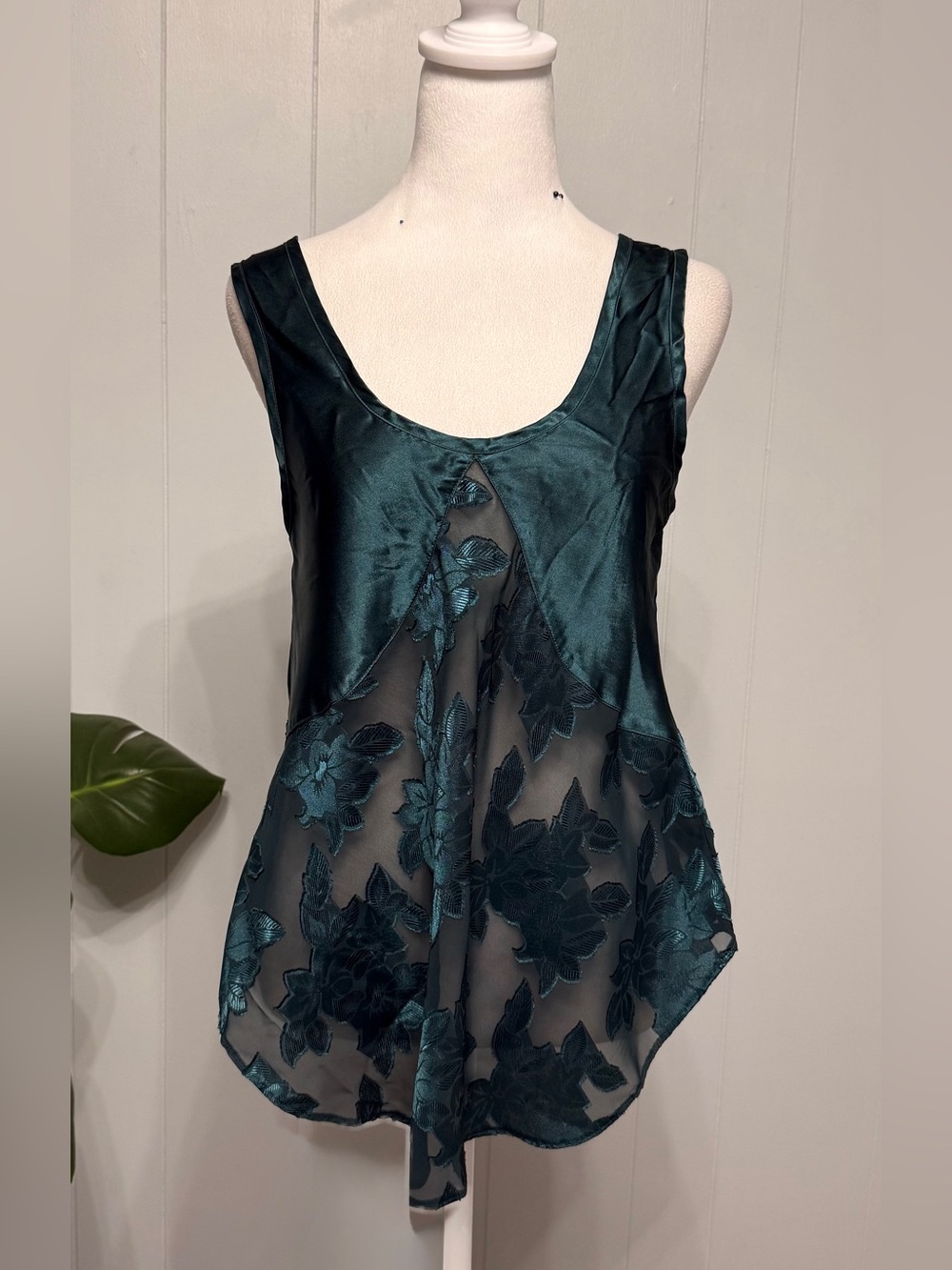 #17)  Kathryn Teal Satin Floral Overlay Sleeveless Top